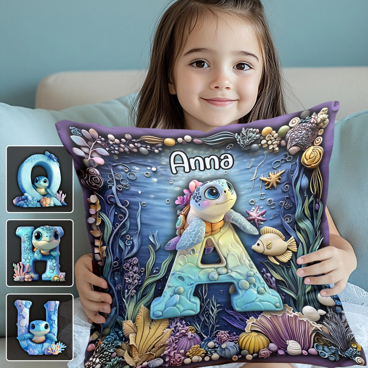 Coussin décoratif personnalisé pour enfant avec l'alphabet des tortues mignonnes