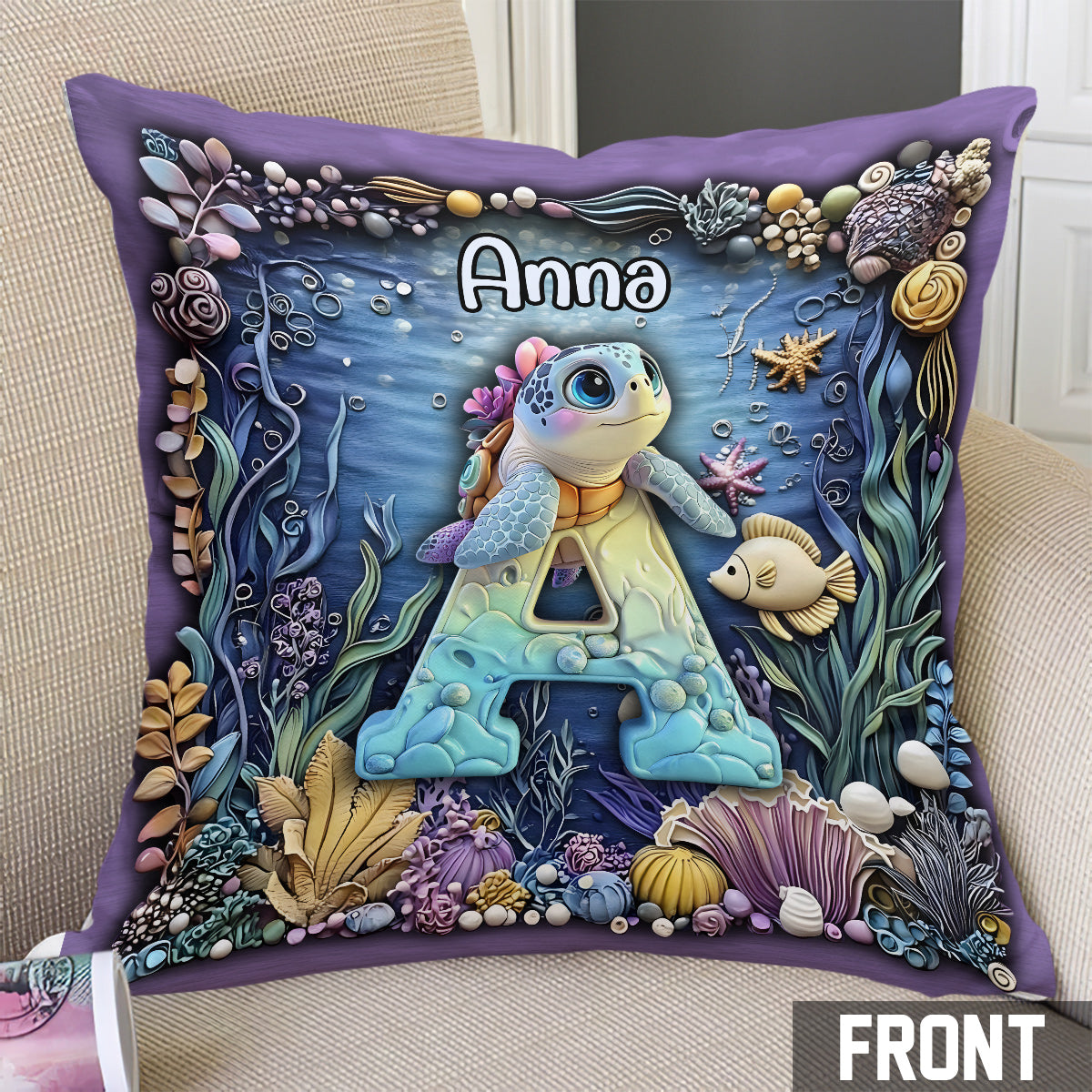 Coussin décoratif personnalisé pour enfant avec l'alphabet des tortues mignonnes