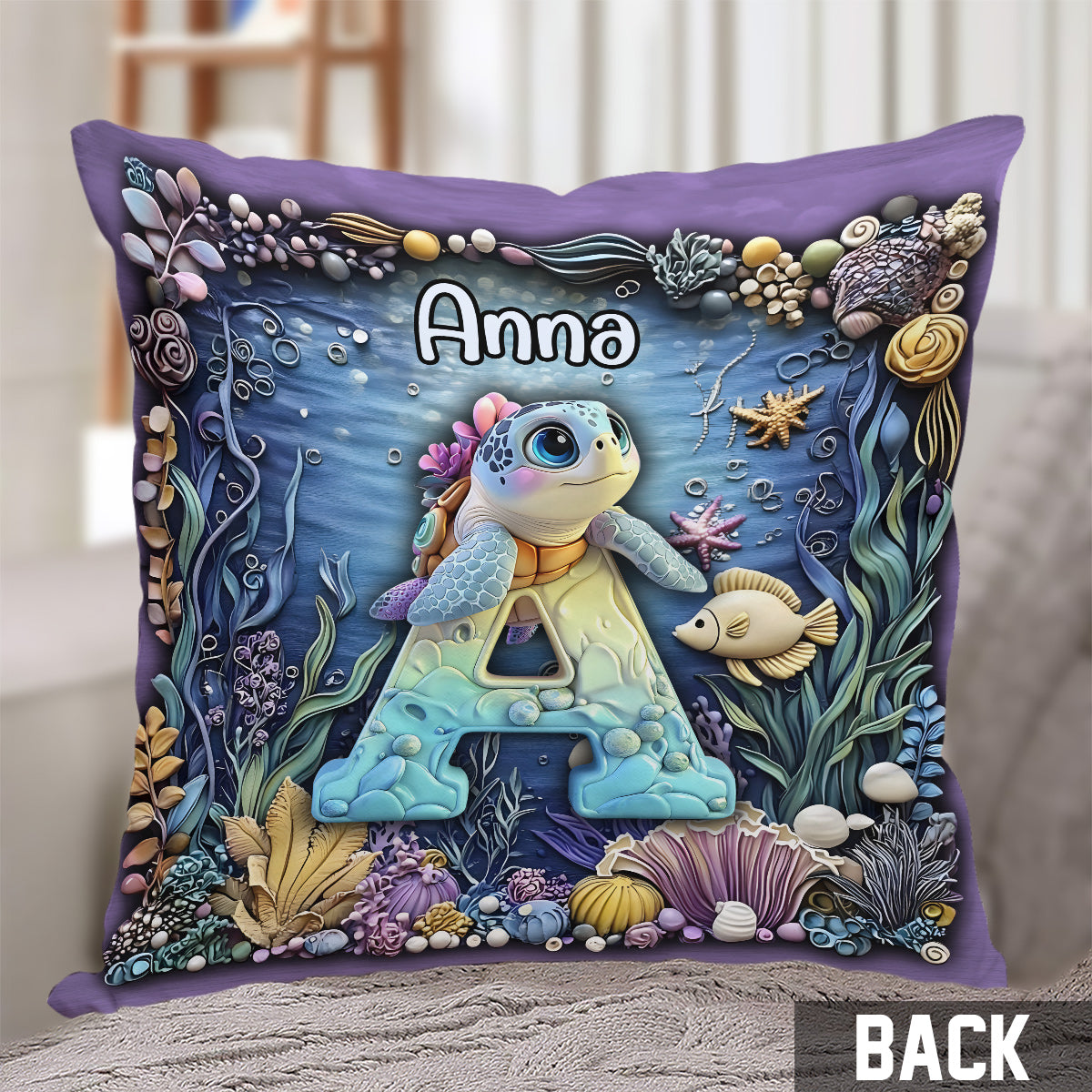 Coussin décoratif personnalisé pour enfant avec l'alphabet des tortues mignonnes