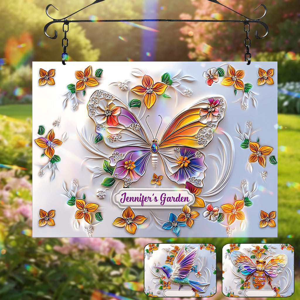 Atemberaubendes Schmetterlings-, Libellen-, Bienen- und Kolibri-Motiv – personalisiertes rechteckiges Metallschild für den Garten.