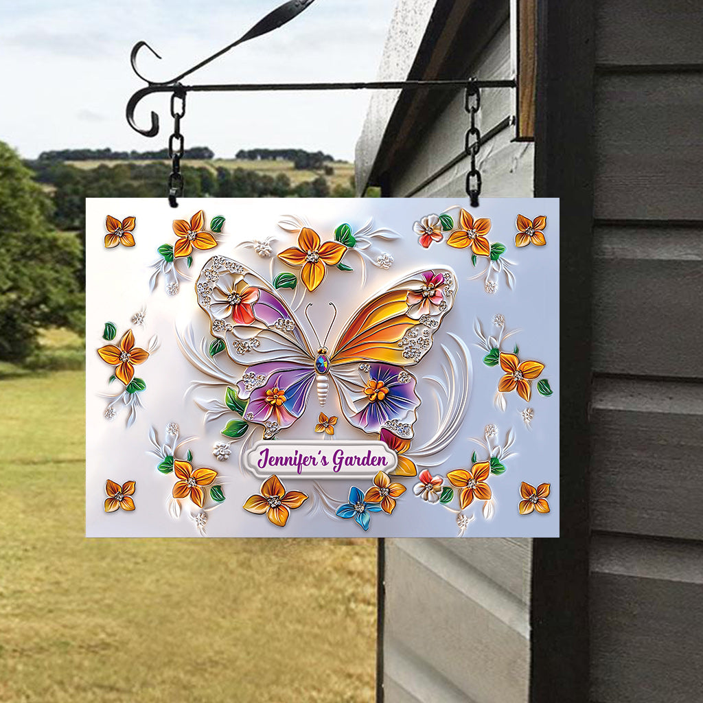 Atemberaubendes Schmetterlings-, Libellen-, Bienen- und Kolibri-Motiv – personalisiertes rechteckiges Metallschild für den Garten.