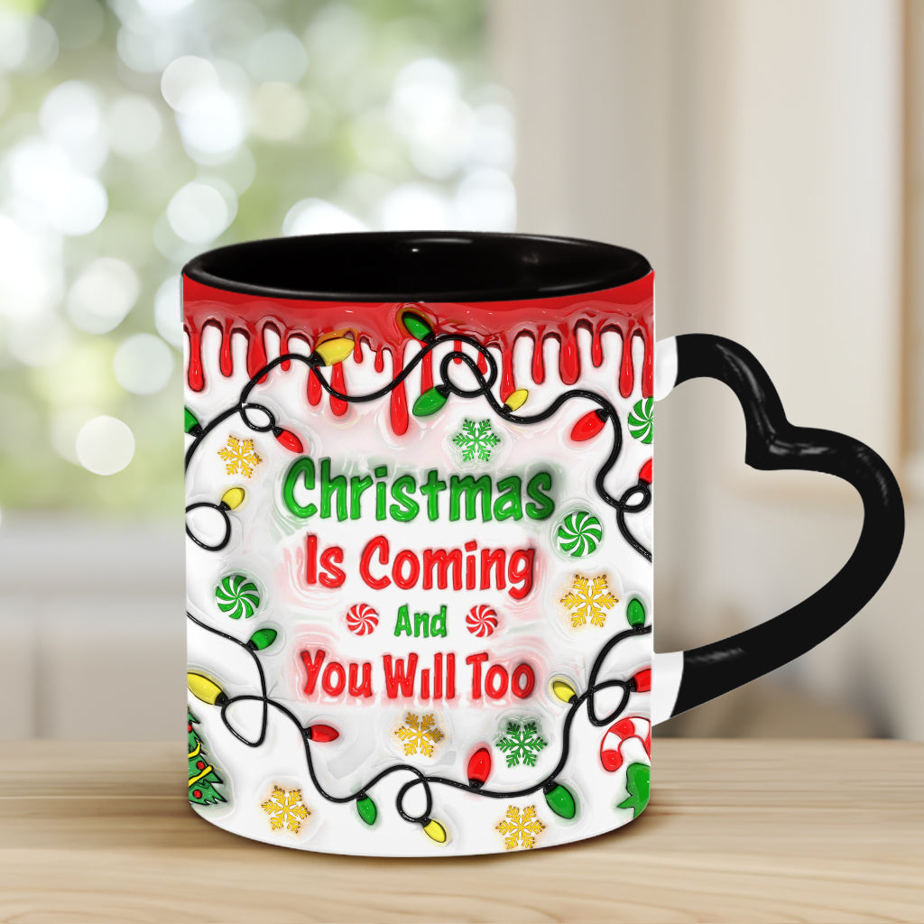 Christmas Is Coming - Personalized Couple Heart Handle Mug