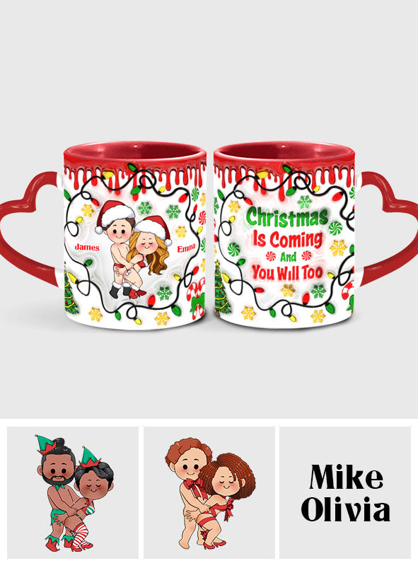 Christmas Is Coming - Personalized Couple Heart Handle Mug