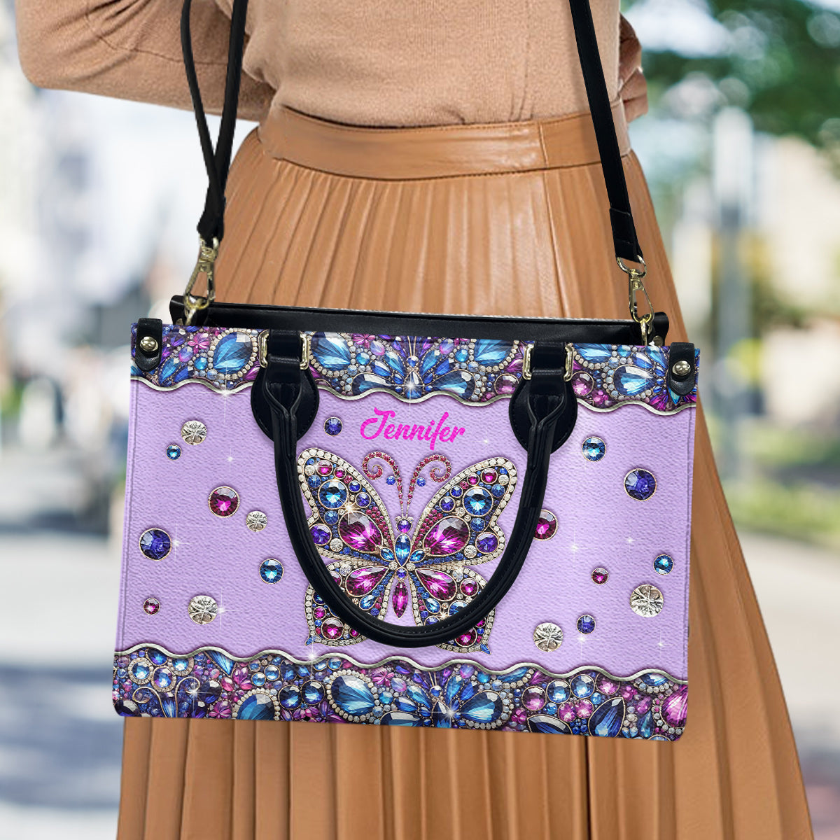 Glitzernder Schmetterling – Personalisierte Schmetterlings-Lederhandtasche