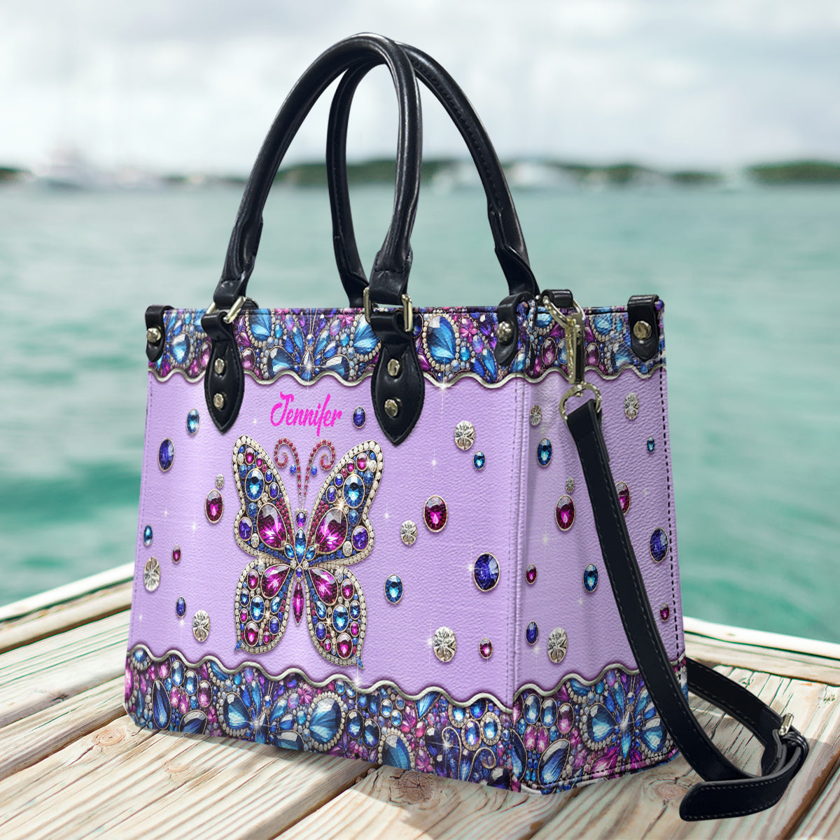Glitzernder Schmetterling – Personalisierte Schmetterlings-Lederhandtasche