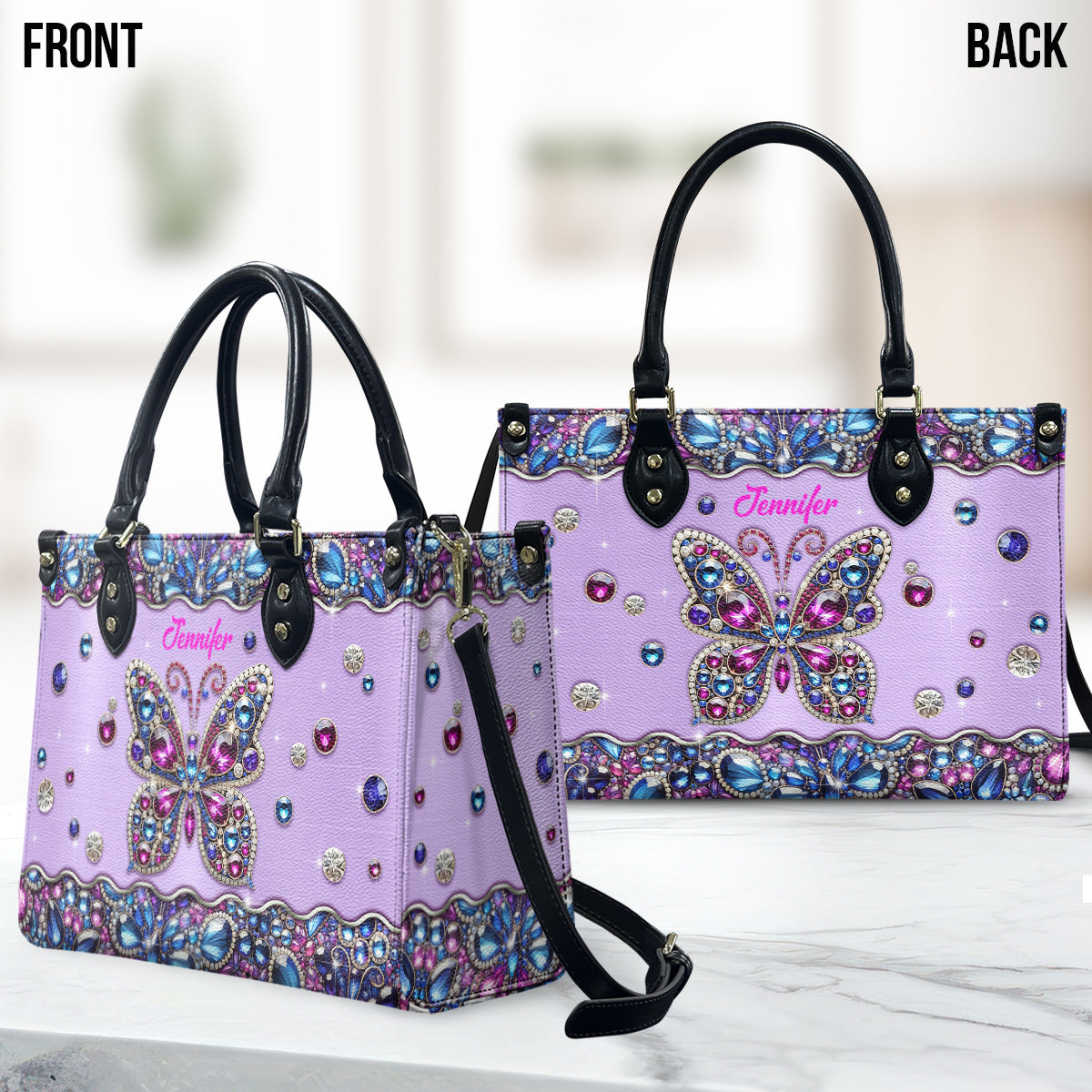 Glitzernder Schmetterling – Personalisierte Schmetterlings-Lederhandtasche