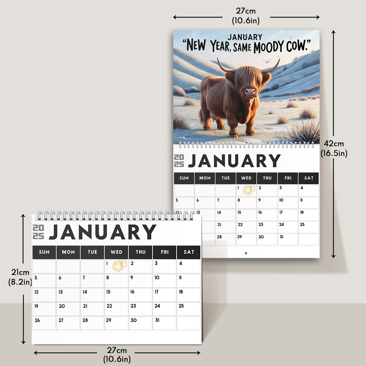 Calendrier mural et de bureau personnalisé « Vache des Highlands mélancolique » 2025