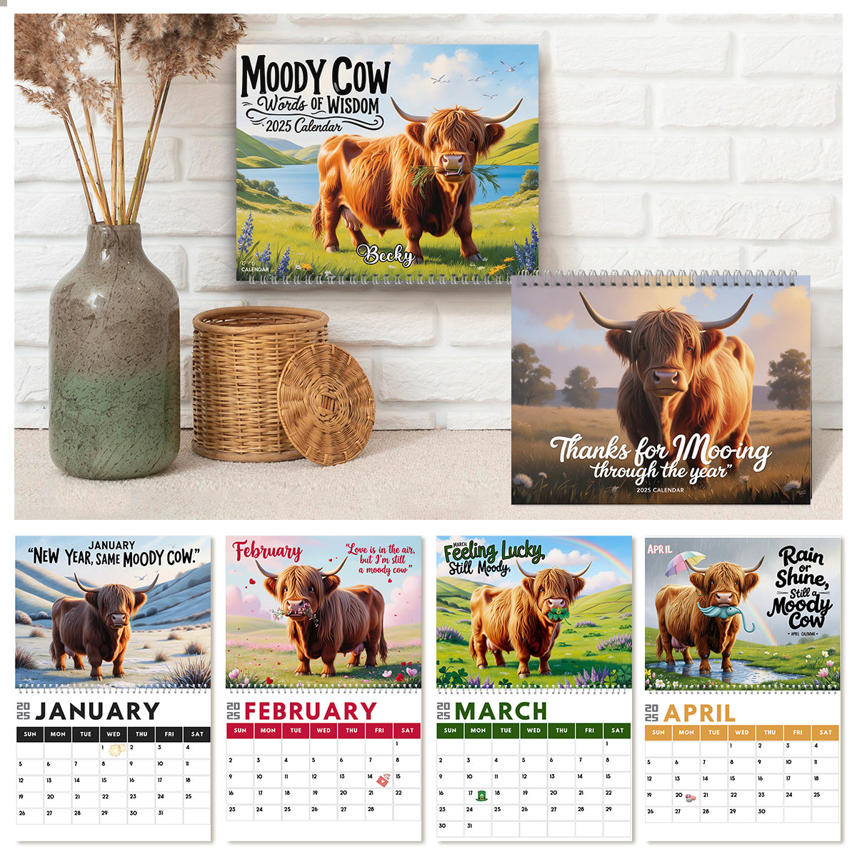 Calendrier mural et de bureau personnalisé « Vache des Highlands mélancolique » 2025