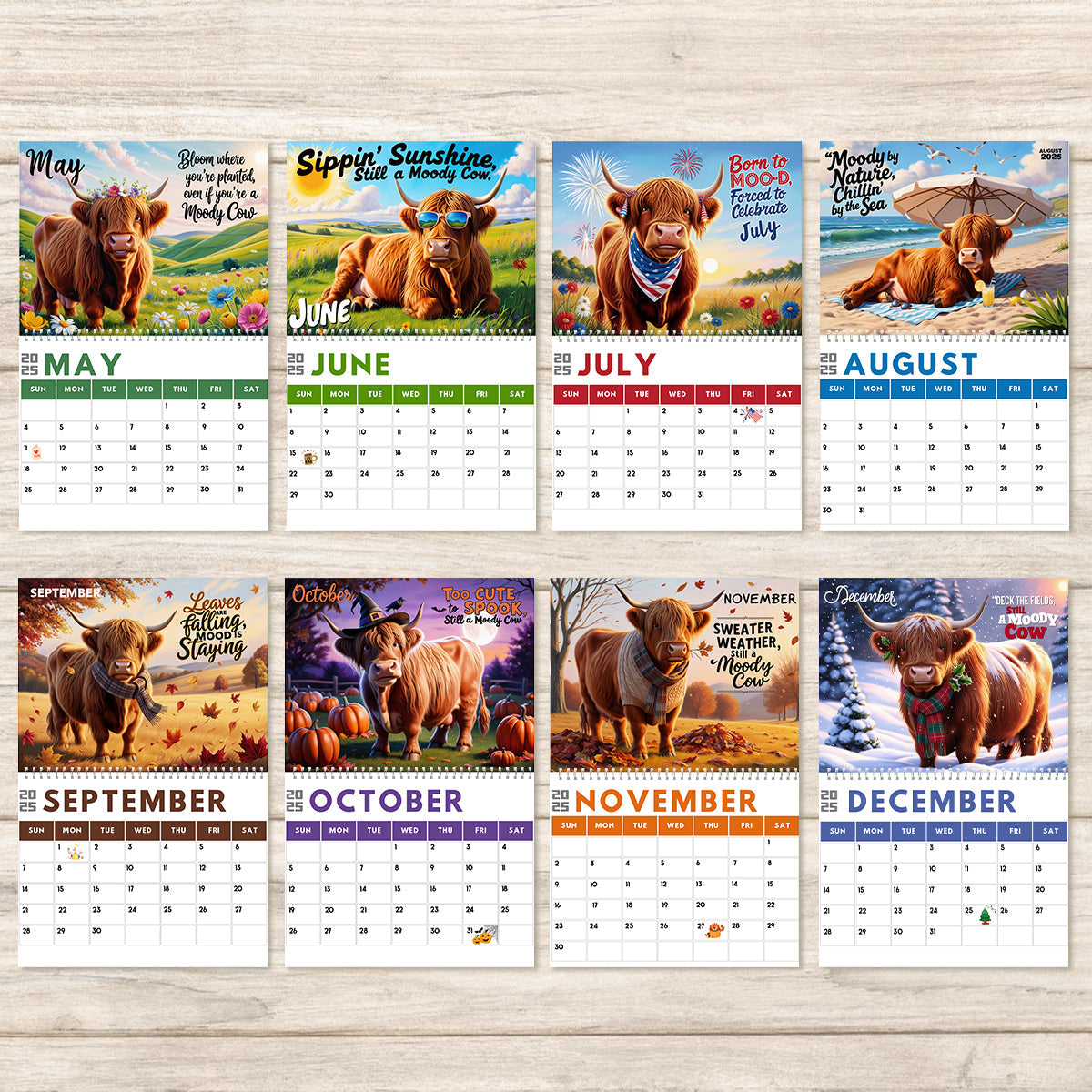 Calendrier mural et de bureau personnalisé « Vache des Highlands mélancolique » 2025