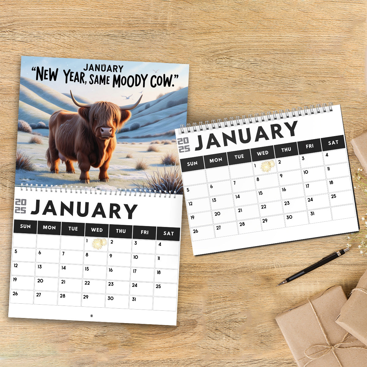 Calendrier mural et de bureau personnalisé « Vache des Highlands mélancolique » 2025
