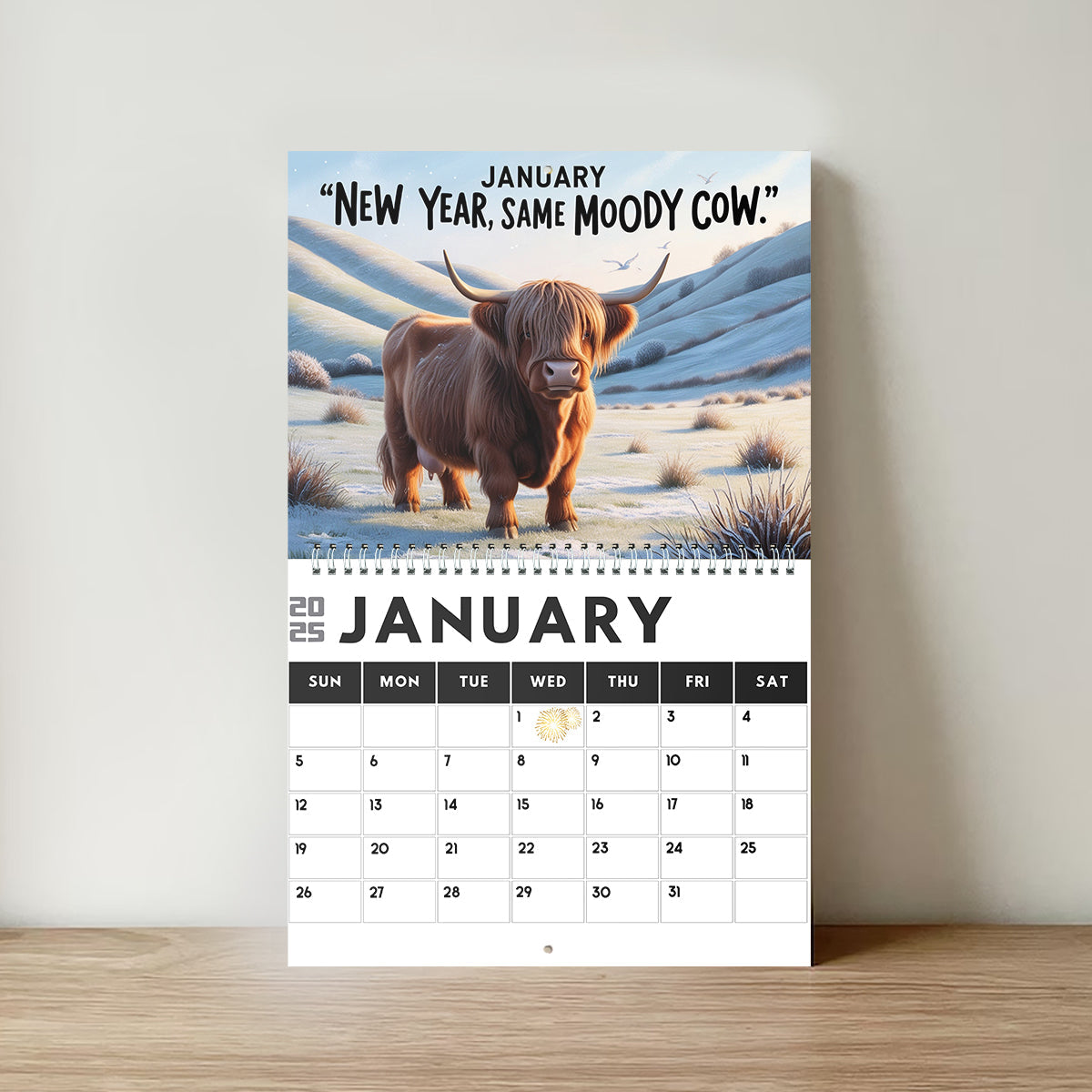 Calendrier mural et de bureau personnalisé « Vache des Highlands mélancolique » 2025