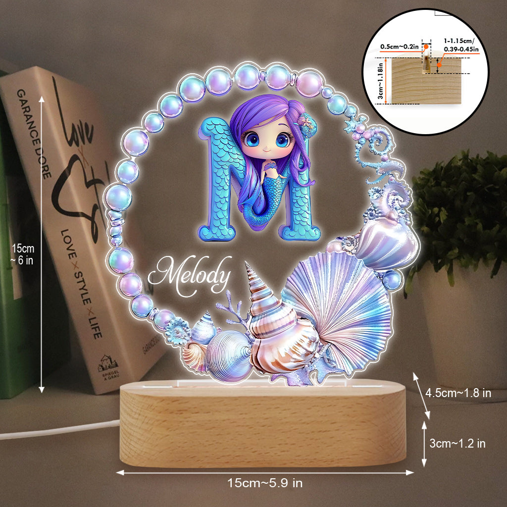 Couronne de perles océaniques, lettre sirène - Plaque personnalisée en forme d'enfant, socle lumineux