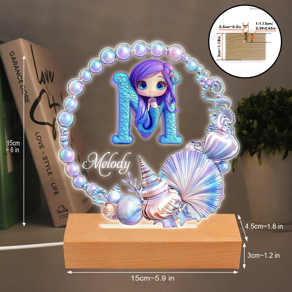 Couronne de perles océaniques, lettre sirène - Plaque personnalisée en forme d'enfant, socle lumineux