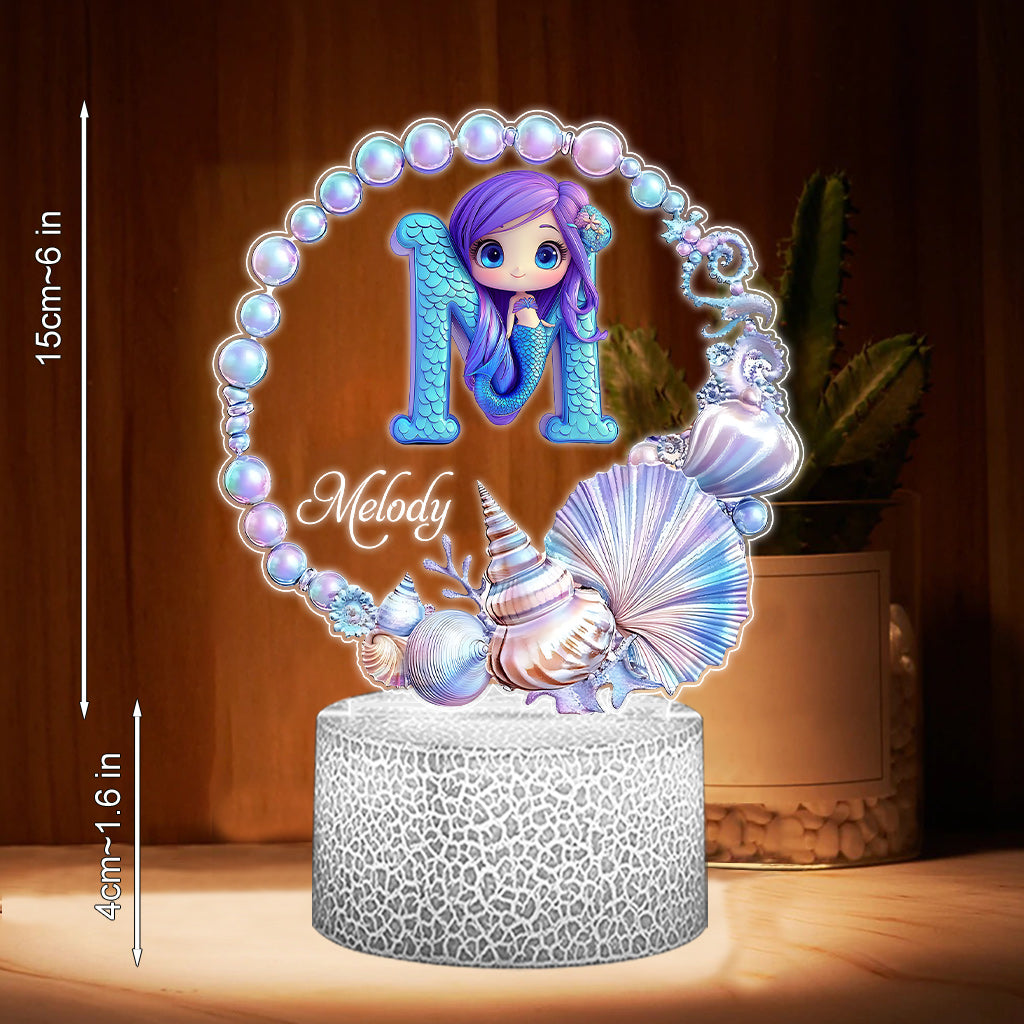 Couronne de perles océaniques, lettre sirène - Plaque personnalisée en forme d'enfant, socle lumineux