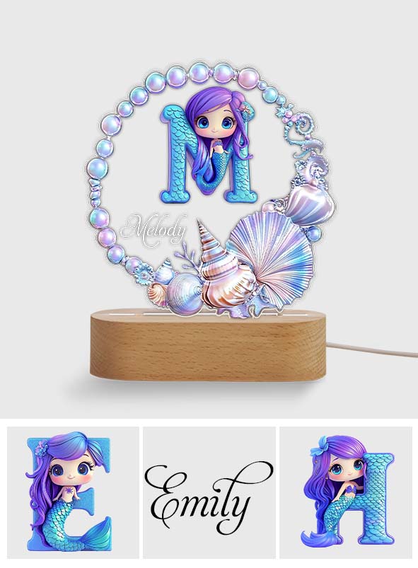Couronne de perles océaniques, lettre sirène - Plaque personnalisée en forme d'enfant, socle lumineux