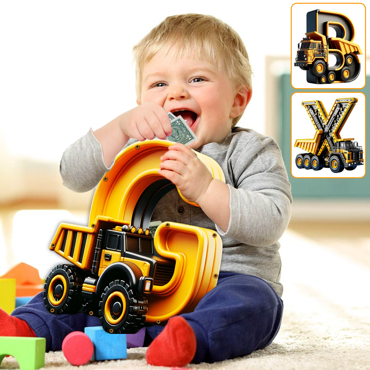 Baustellenfahrzeug-Alphabet – Personalisierte Spardose aus Holz für Kinder