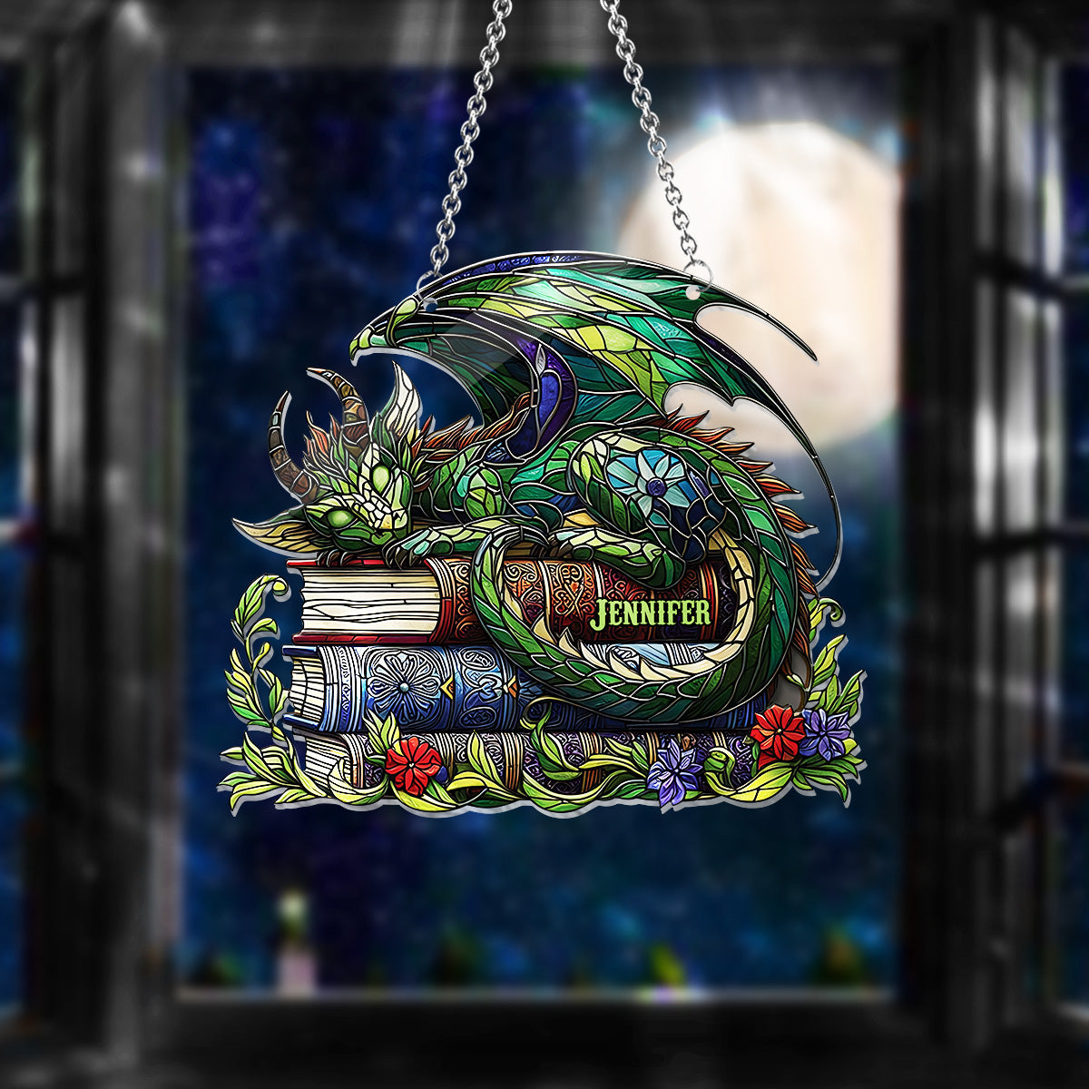 Je ne suis pas un rat de bibliothèque, je suis un dragon des livres ! - Attrape-soleil personnalisé à suspendre à la fenêtre en forme de livre 
