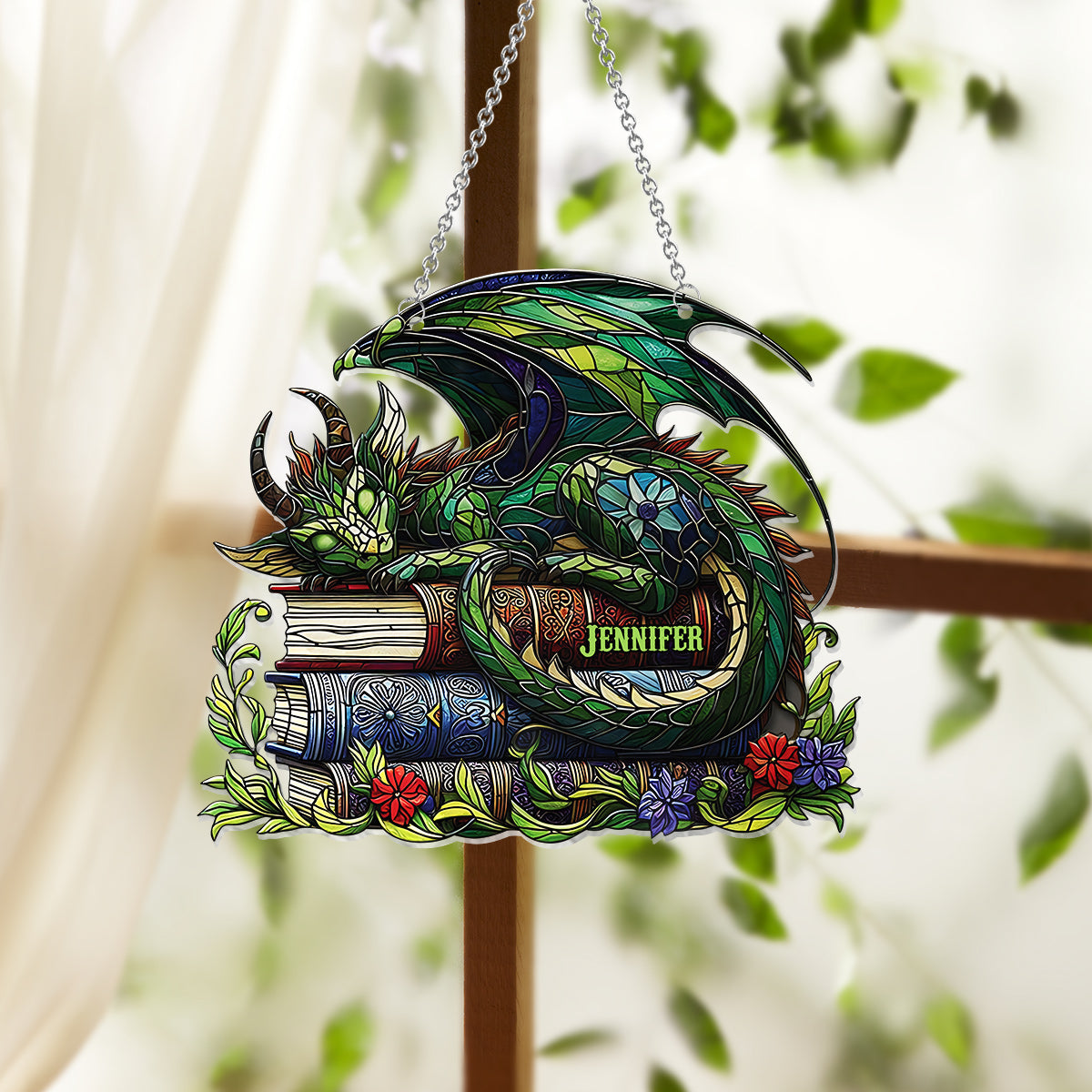 Je ne suis pas un rat de bibliothèque, je suis un dragon des livres ! - Attrape-soleil personnalisé à suspendre à la fenêtre en forme de livre 