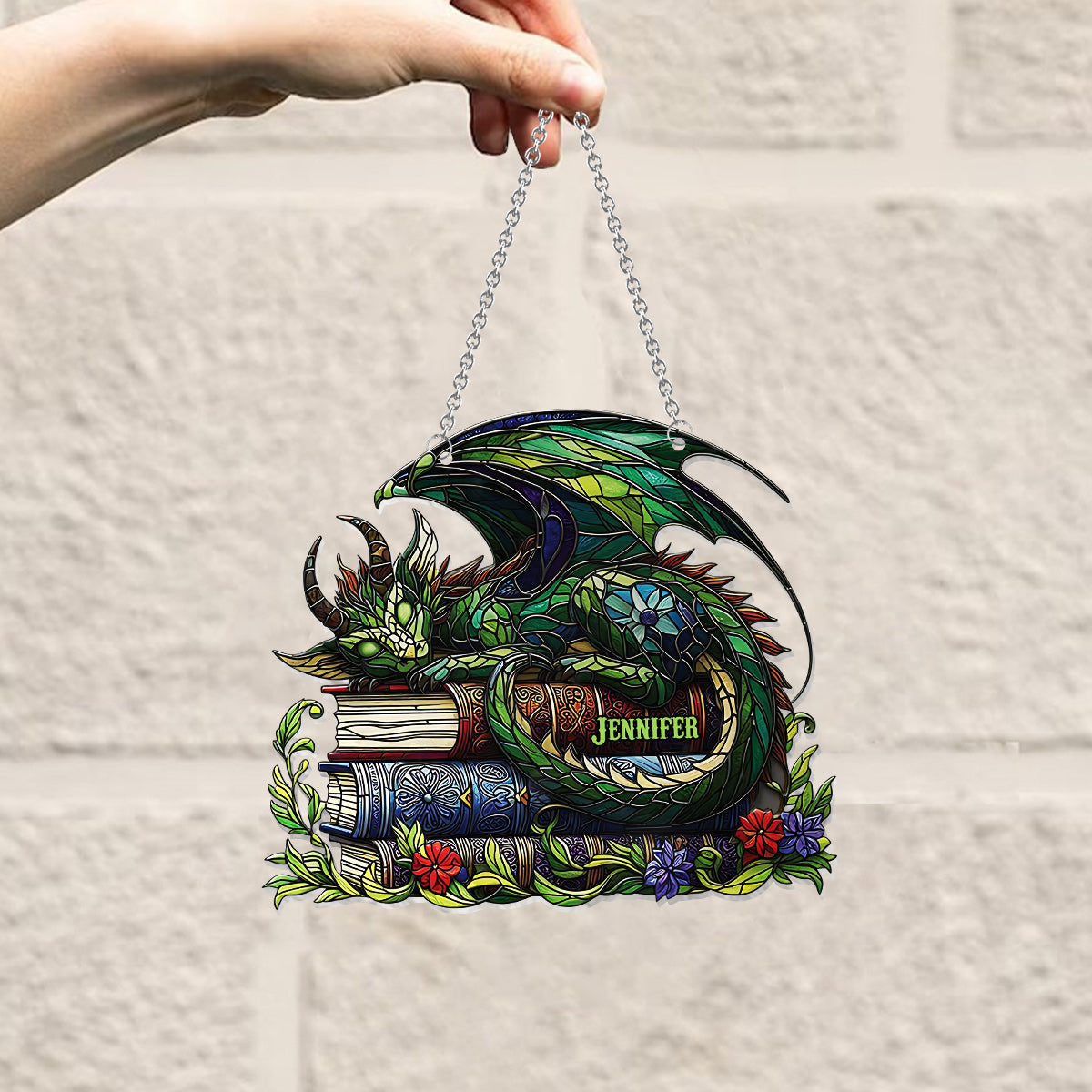 Je ne suis pas un rat de bibliothèque, je suis un dragon des livres ! - Attrape-soleil personnalisé à suspendre à la fenêtre en forme de livre 