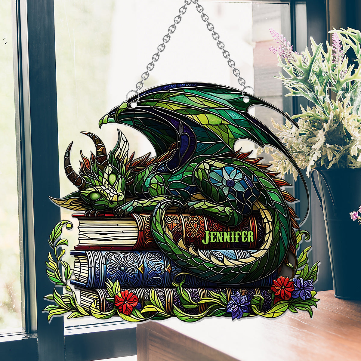 Je ne suis pas un rat de bibliothèque, je suis un dragon des livres ! - Attrape-soleil personnalisé à suspendre à la fenêtre en forme de livre 