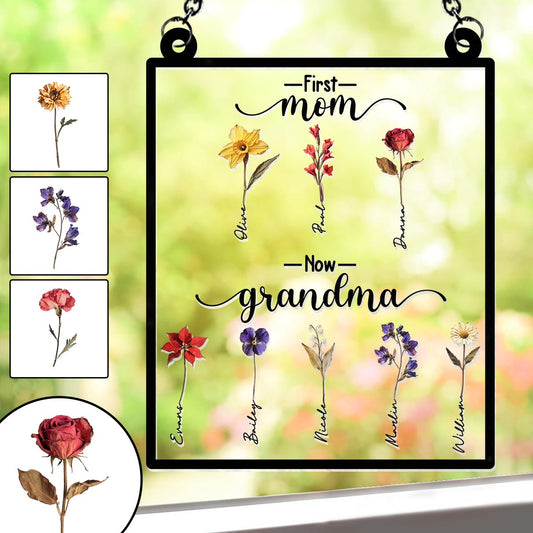 First Mother Now Grandma, Birth Flower Personalize - Personalized Grandma Window Hanging Suncatcher Ornament