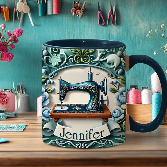 Blaue Nähmaschine – Personalisierte Tasse mit Nähmotiv