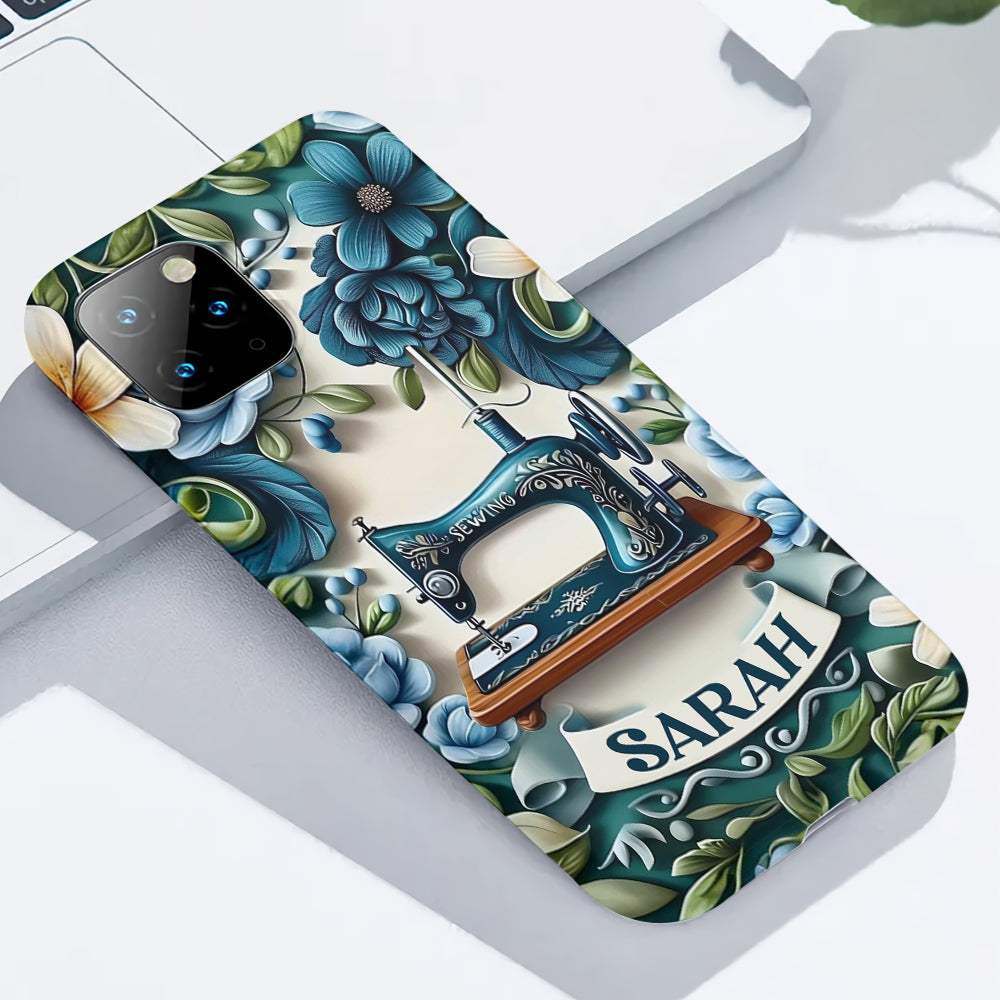 Blaue Nähmaschine – Personalisierte Handyhülle mit vollflächigem Nähmaschinen-Print