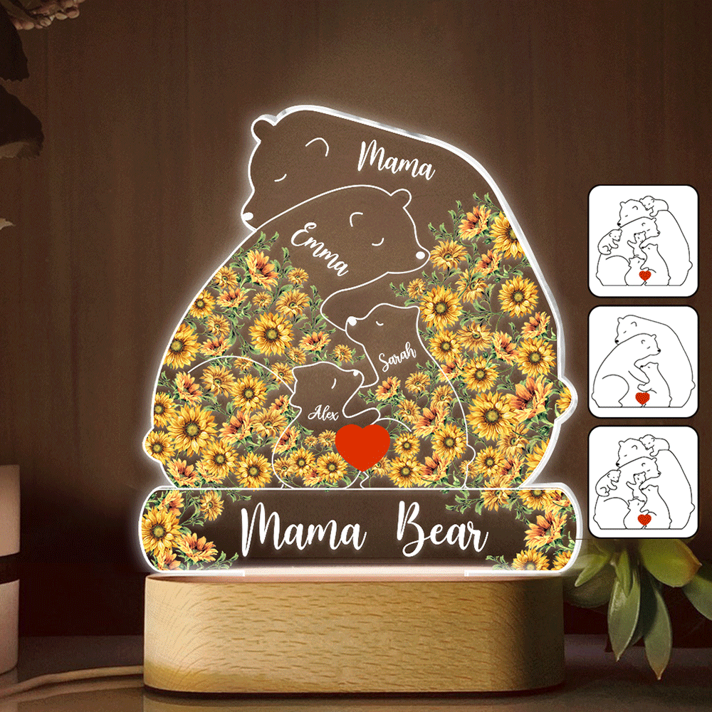 Mama Bear Sunflower - Personalized Mother Shaped Plaque Light Base