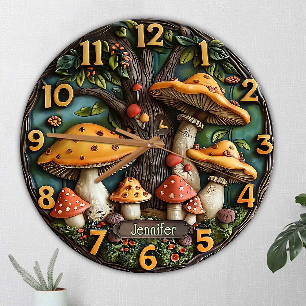 Jardin de champignons - Horloge murale personnalisée en forme de champignon