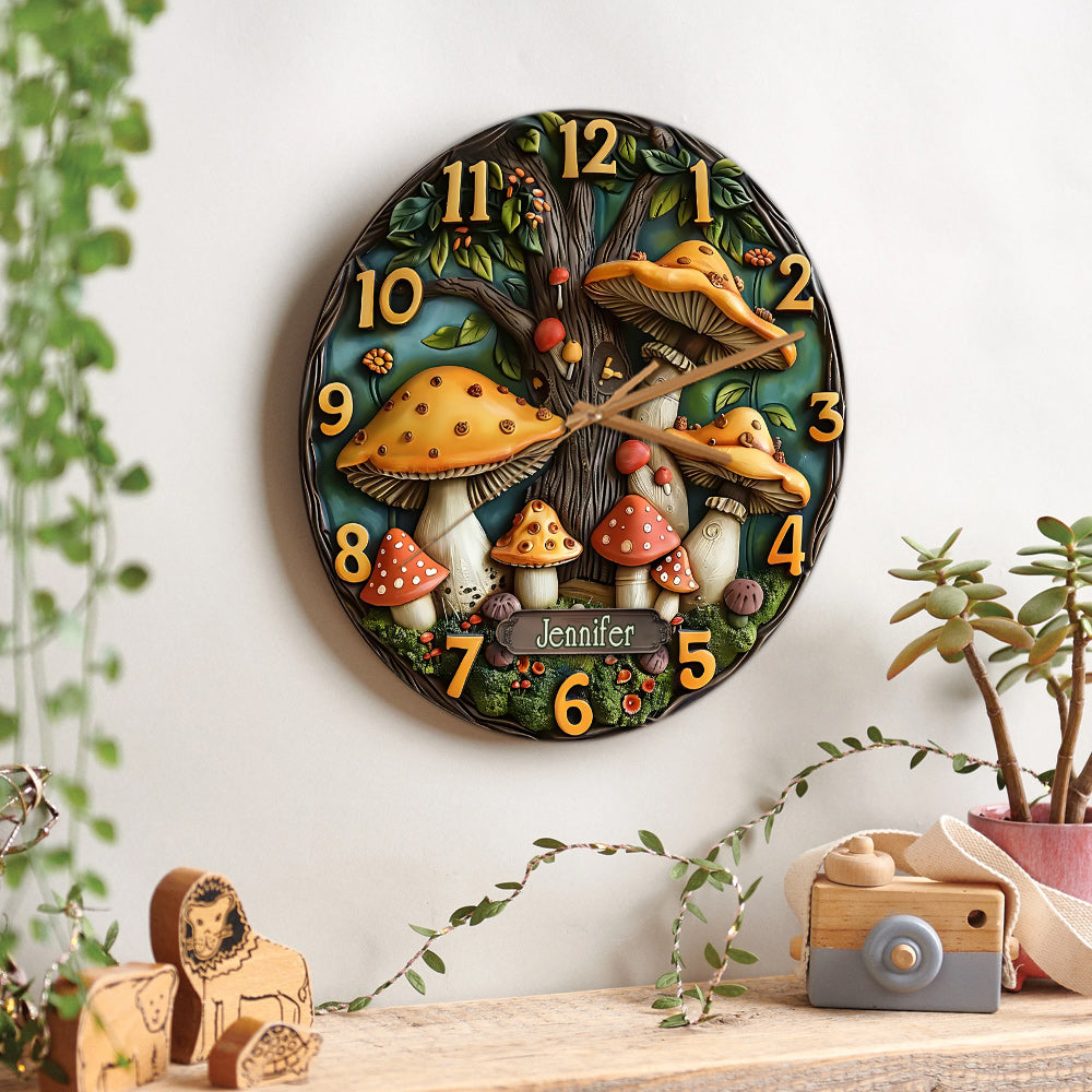 Jardin de champignons - Horloge murale personnalisée en forme de champignon