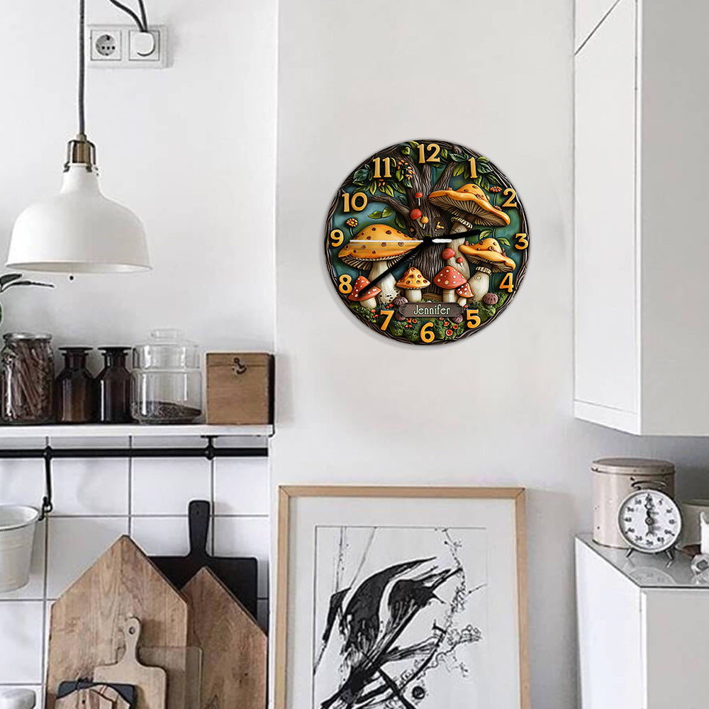 Jardin de champignons - Horloge murale personnalisée en forme de champignon