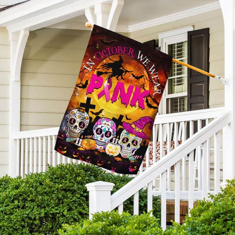 Im Oktober tragen wir eine rosa Halloween-Totenkopfflagge – Hausflagge zur Sensibilisierung für Brustkrebs 0822