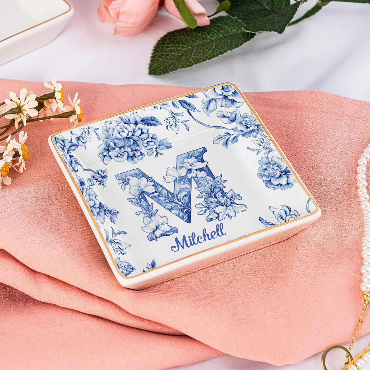 Lettre florale bleue et rose - Cadeau personnalisé pour une amie - Porte-bijoux imprimé