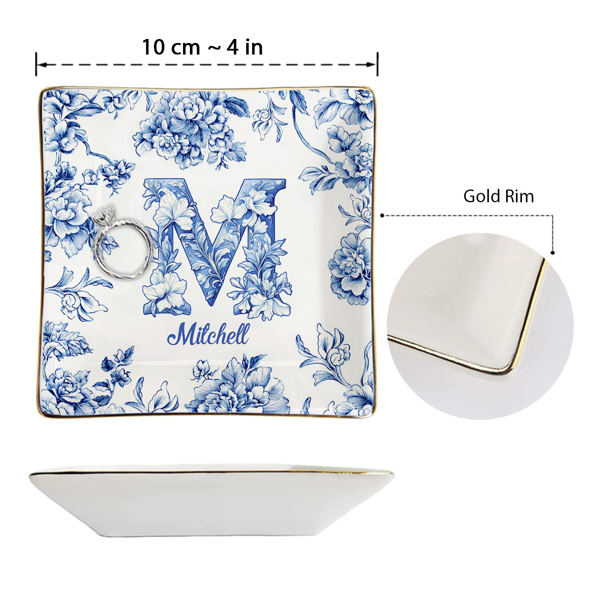 Lettre florale bleue et rose - Cadeau personnalisé pour une amie - Porte-bijoux imprimé