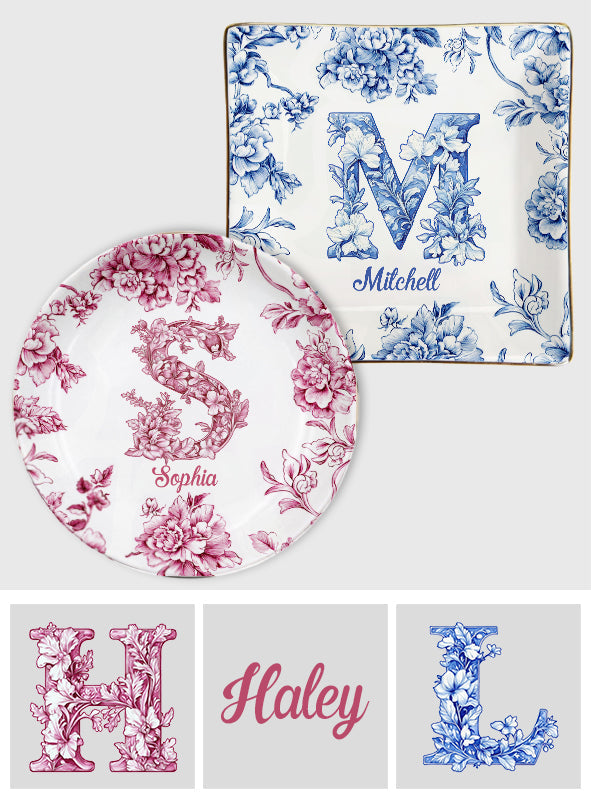 Lettre florale bleue et rose - Cadeau personnalisé pour une amie - Porte-bijoux imprimé