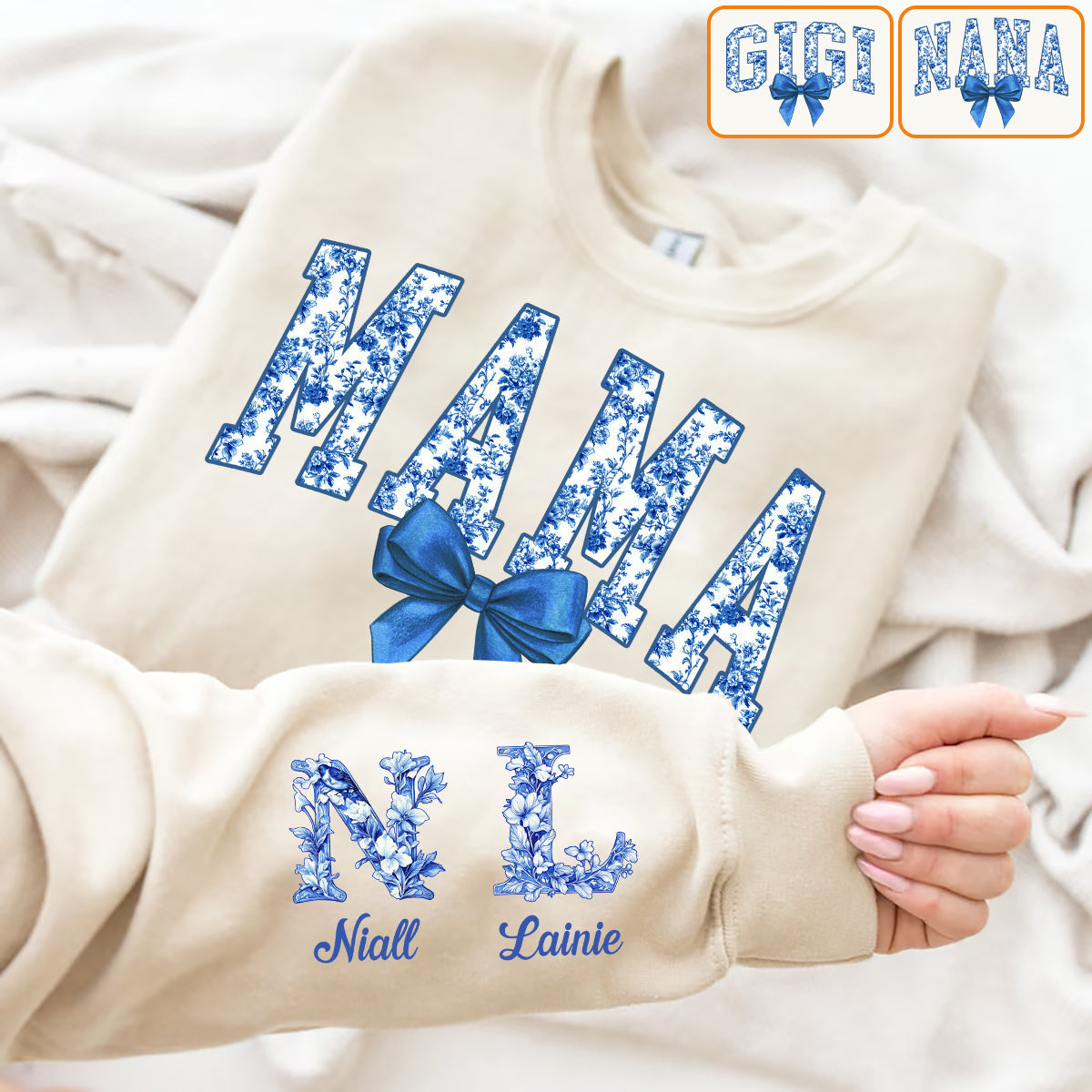 Blue & Pink Floral Toile Mama, Grandma - Personalized Mother All Over Shirt