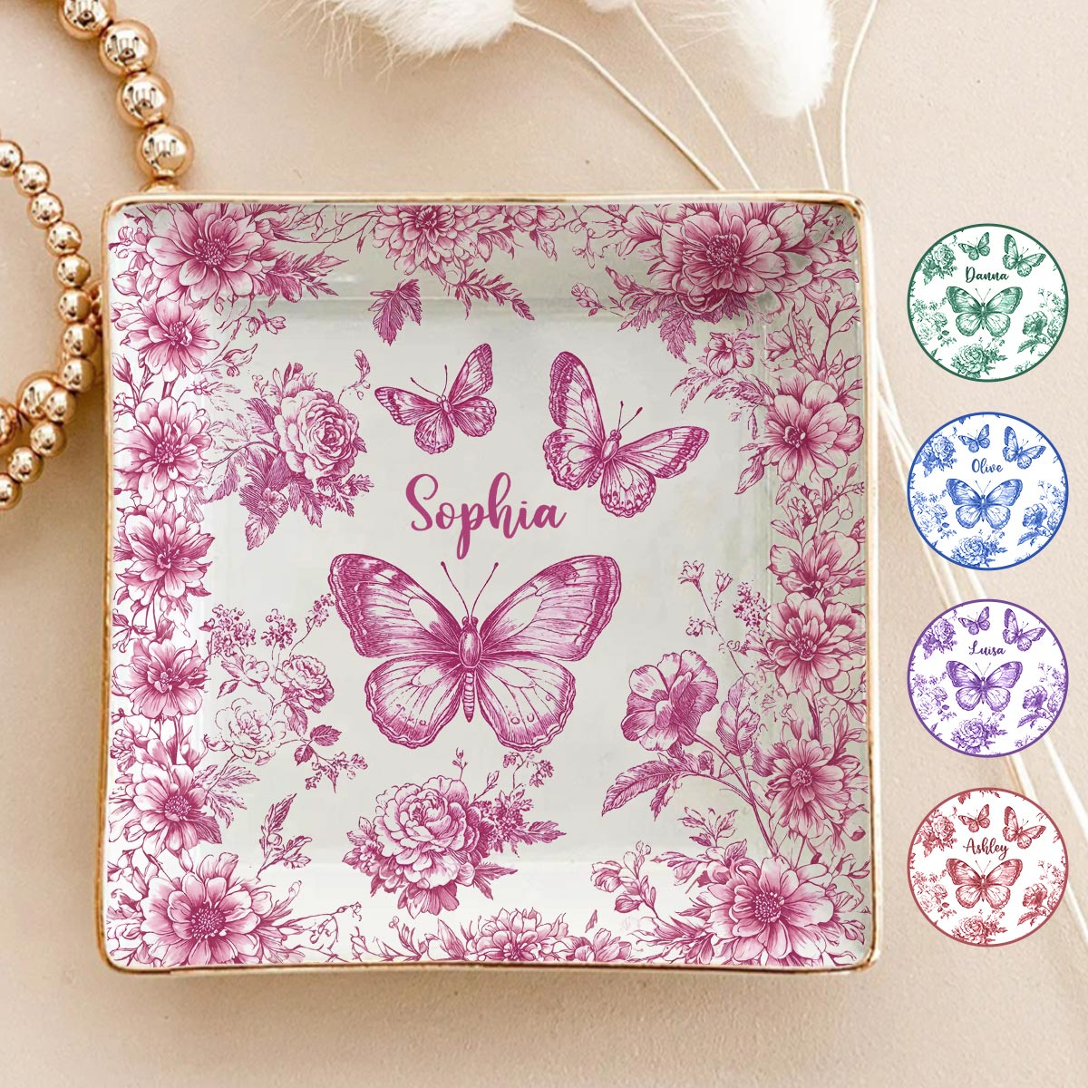 Papillon rose toile - Porte-bijoux papillon personnalisé entièrement imprimé