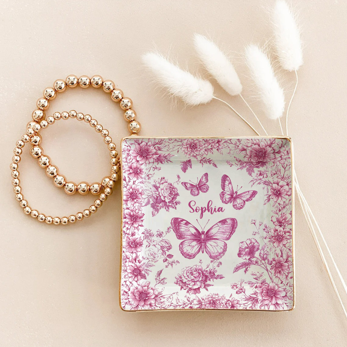 Papillon rose toile - Porte-bijoux papillon personnalisé entièrement imprimé