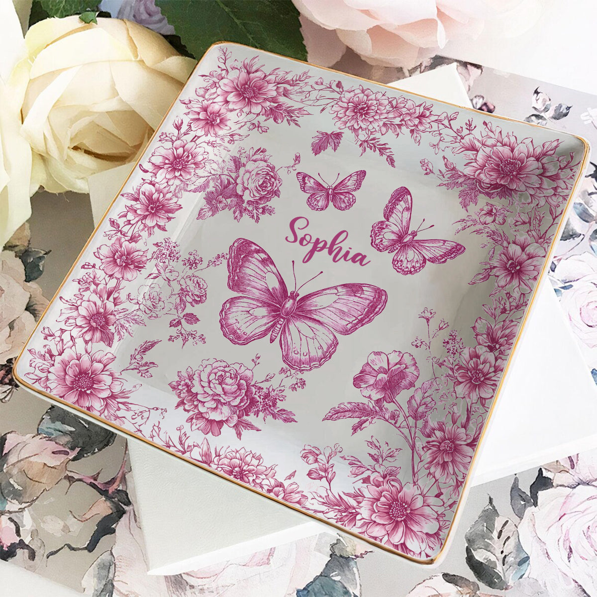Papillon rose toile - Porte-bijoux papillon personnalisé entièrement imprimé