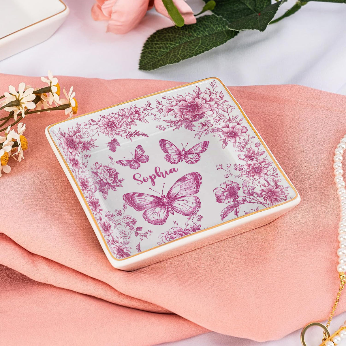 Papillon rose toile - Porte-bijoux papillon personnalisé entièrement imprimé