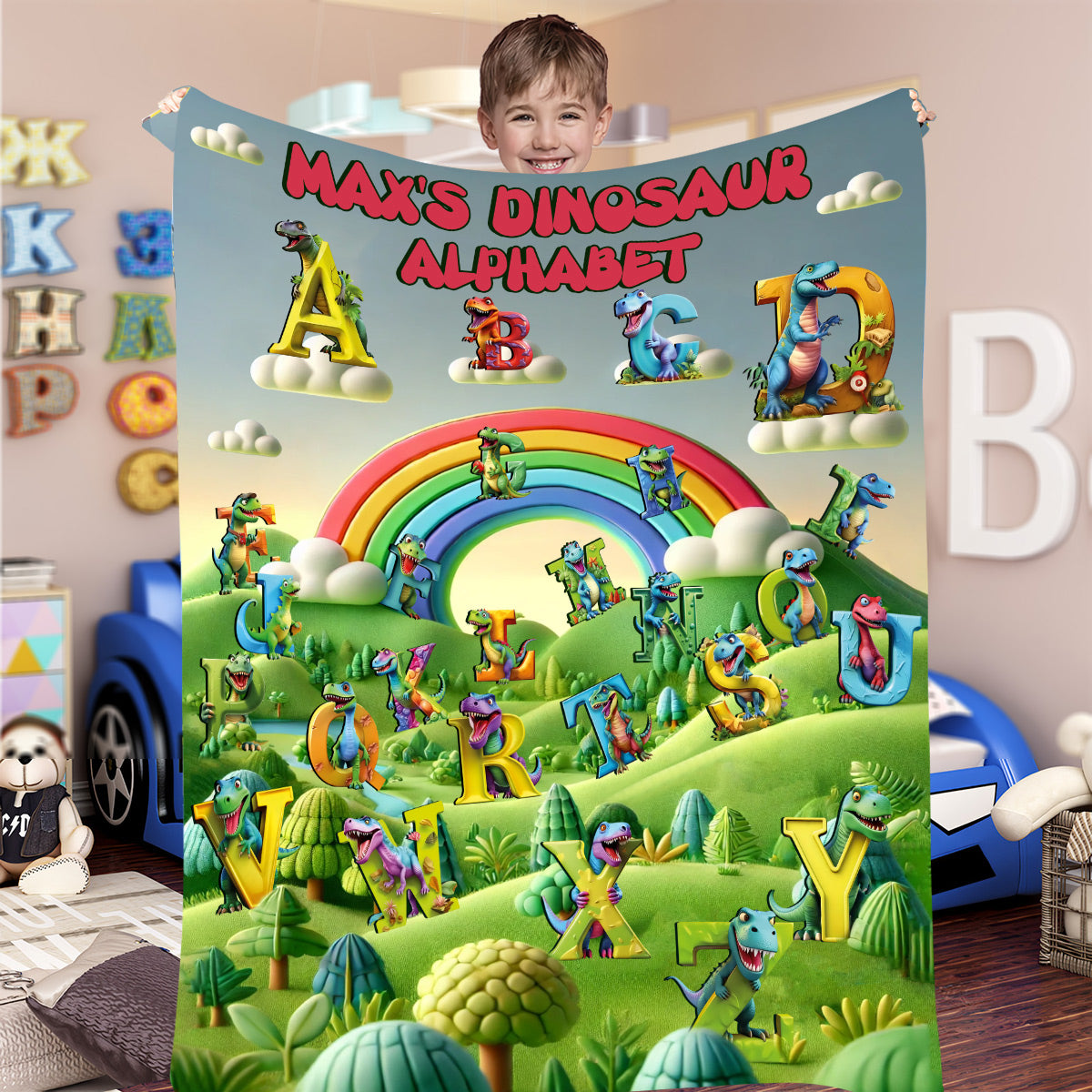 Dinosaurier-Alphabet – Personalisierte Kinderdecke