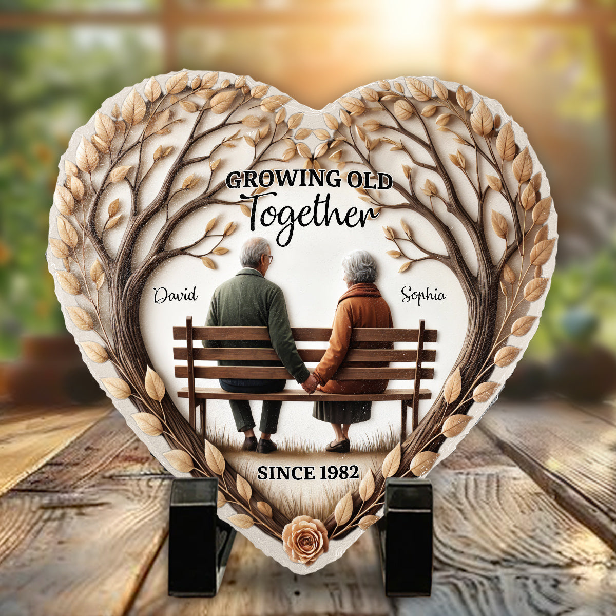 Growing Old Together - Personalized Couple Heart Shaped Stone