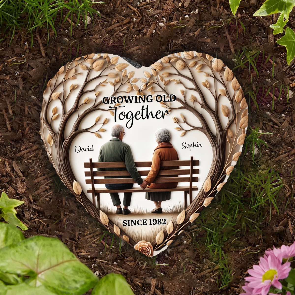 Growing Old Together - Personalized Couple Heart Shaped Stone