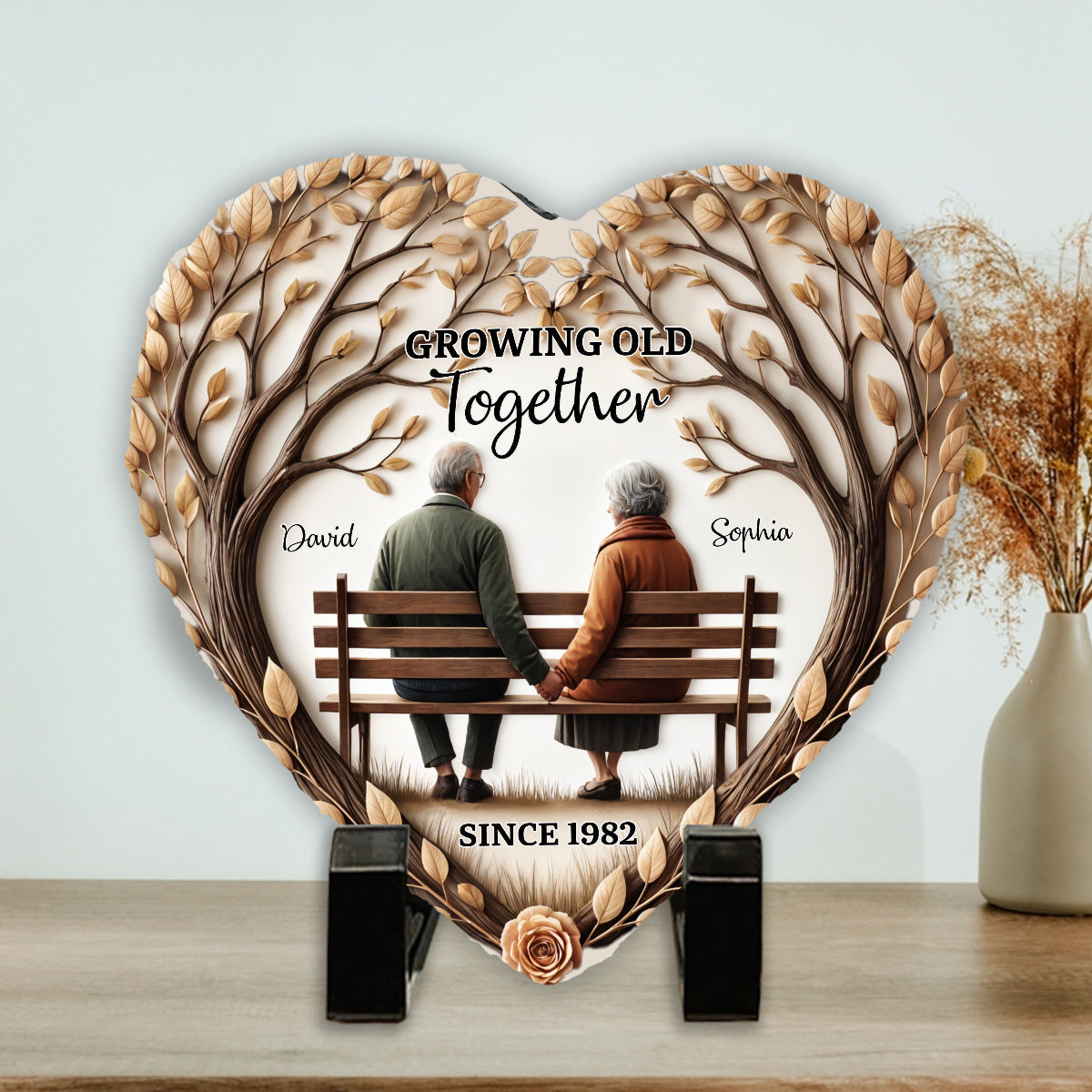 Growing Old Together - Personalized Couple Heart Shaped Stone