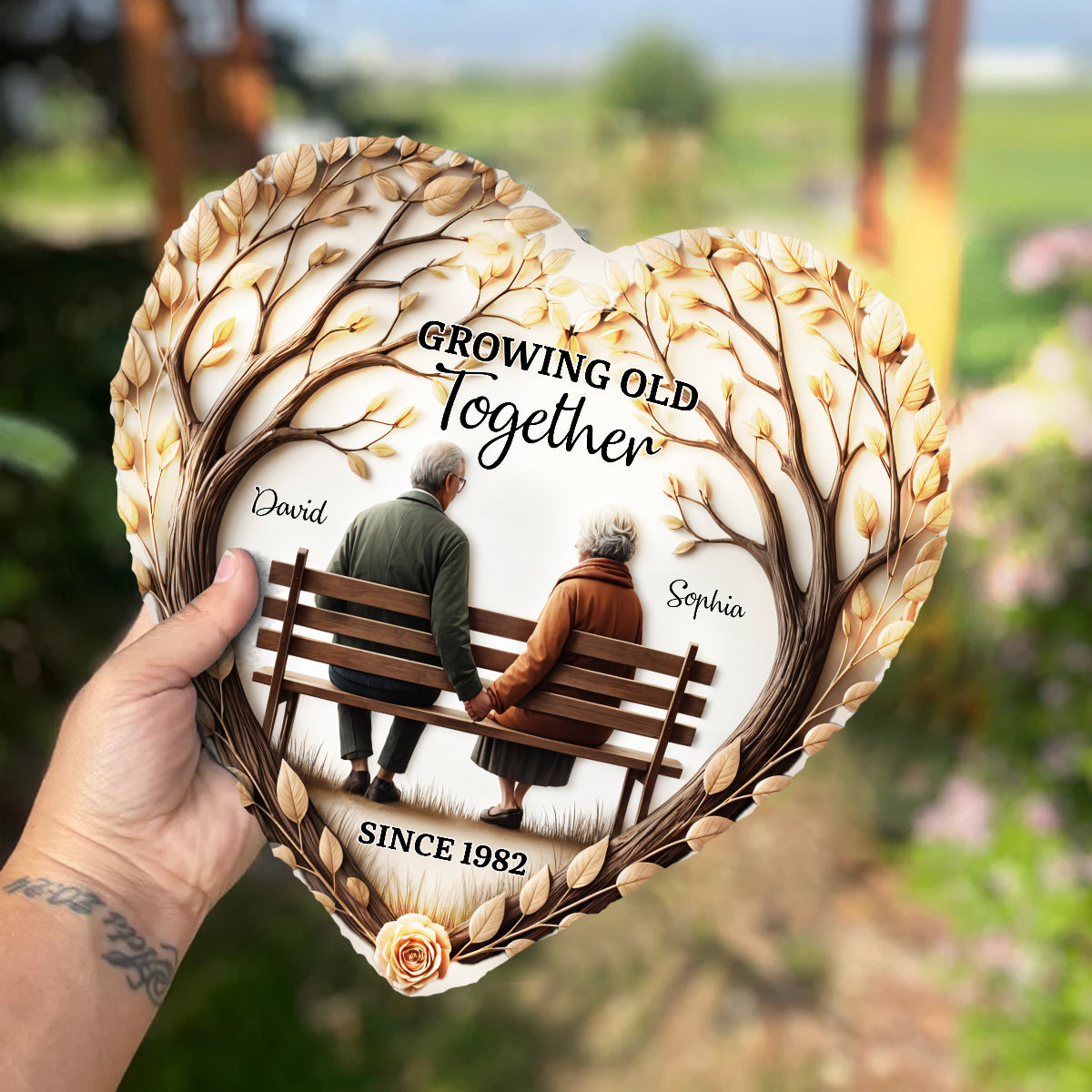 Growing Old Together - Personalized Couple Heart Shaped Stone