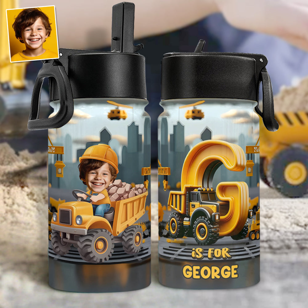 Baustellenfahrzeug-Alphabet – Personalisierte Wasserflasche für Kinder