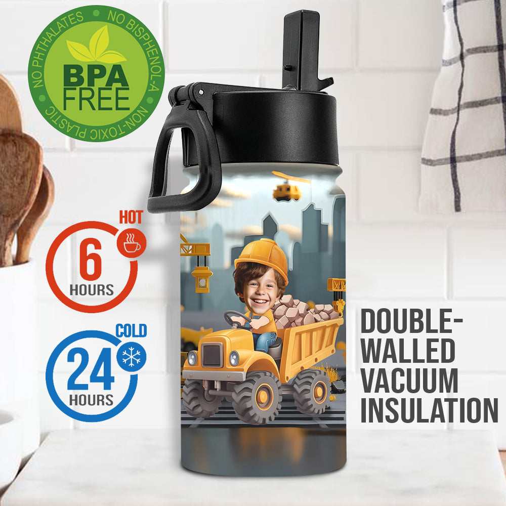 Baustellenfahrzeug-Alphabet – Personalisierte Wasserflasche für Kinder