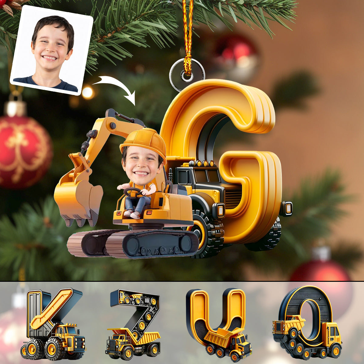 Lettres de l'alphabet des véhicules de chantier - Ornement personnalisé pour enfant en forme de véhicule de chantier