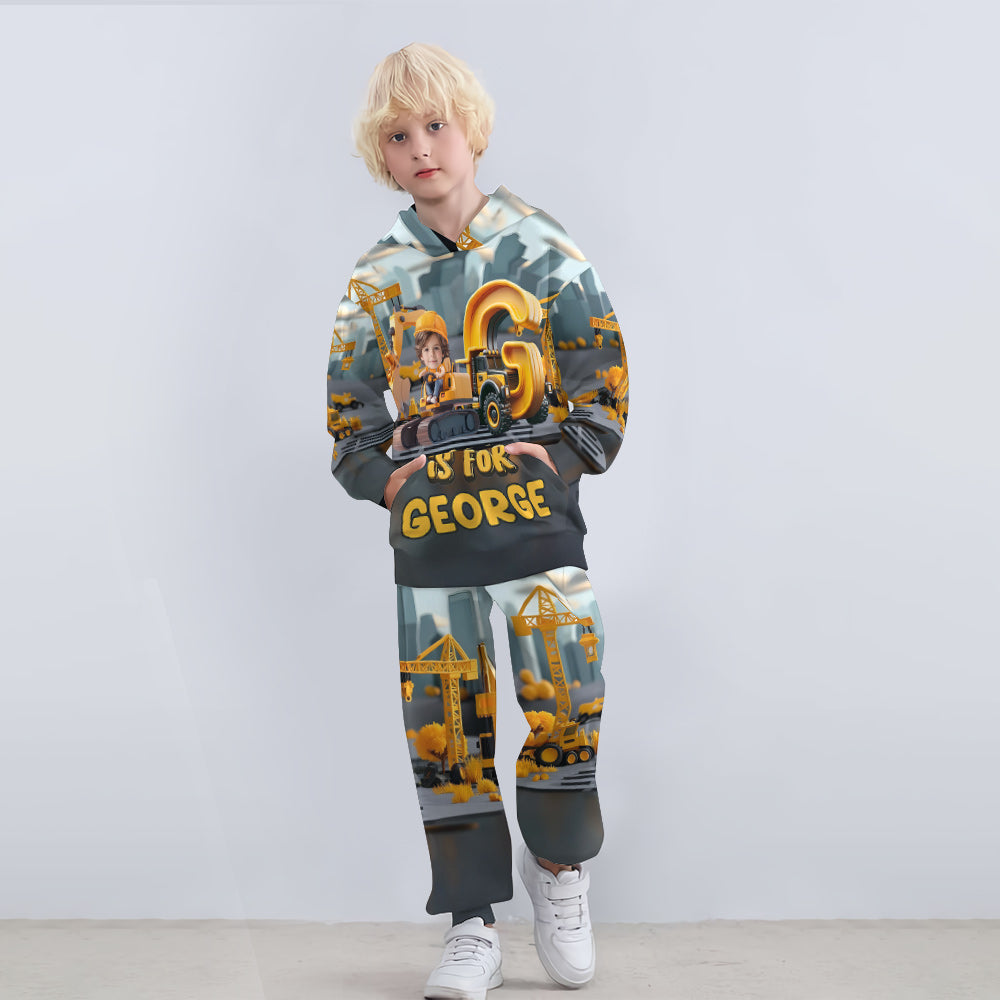 Lettres de l'alphabet des véhicules de chantier - Sweat à capuche et pantalon de jogging personnalisés pour enfant