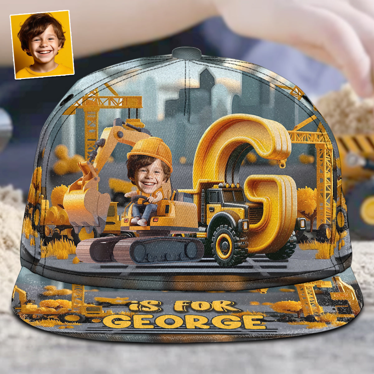 Baustellenfahrzeug-Alphabet – personalisierter Kinder-Snapback